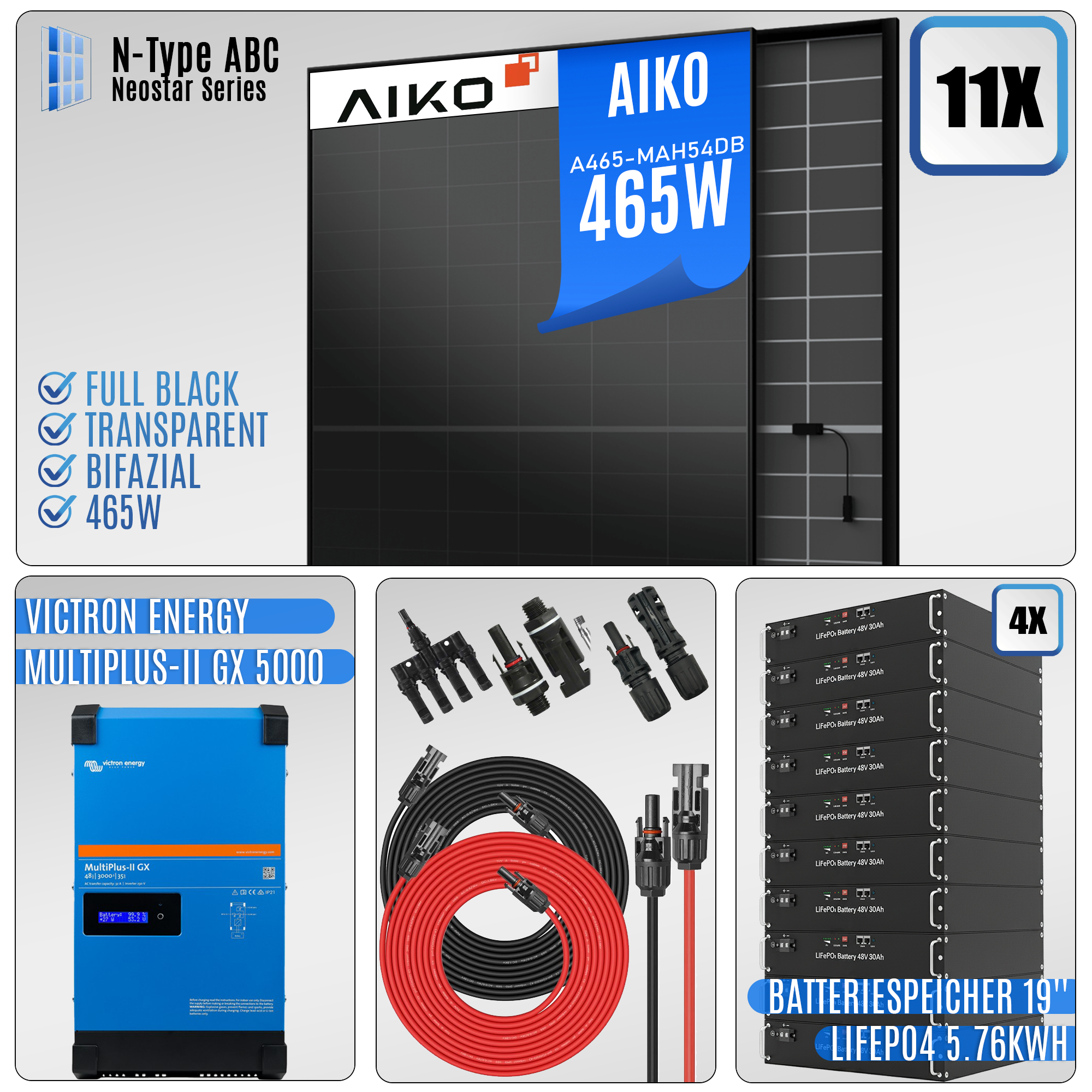 PV Komplettanlage-5KW-Victron MultiPlus-II GX 5000|11x Aiko 465W|mit Speicher LiFePO4 5.76kWh